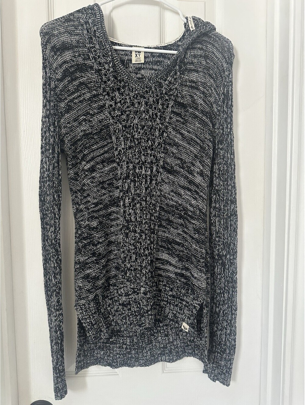Roxy Black & White Marled Cable-Knit Pullover Hoodie Sweater - Size L -Excellent